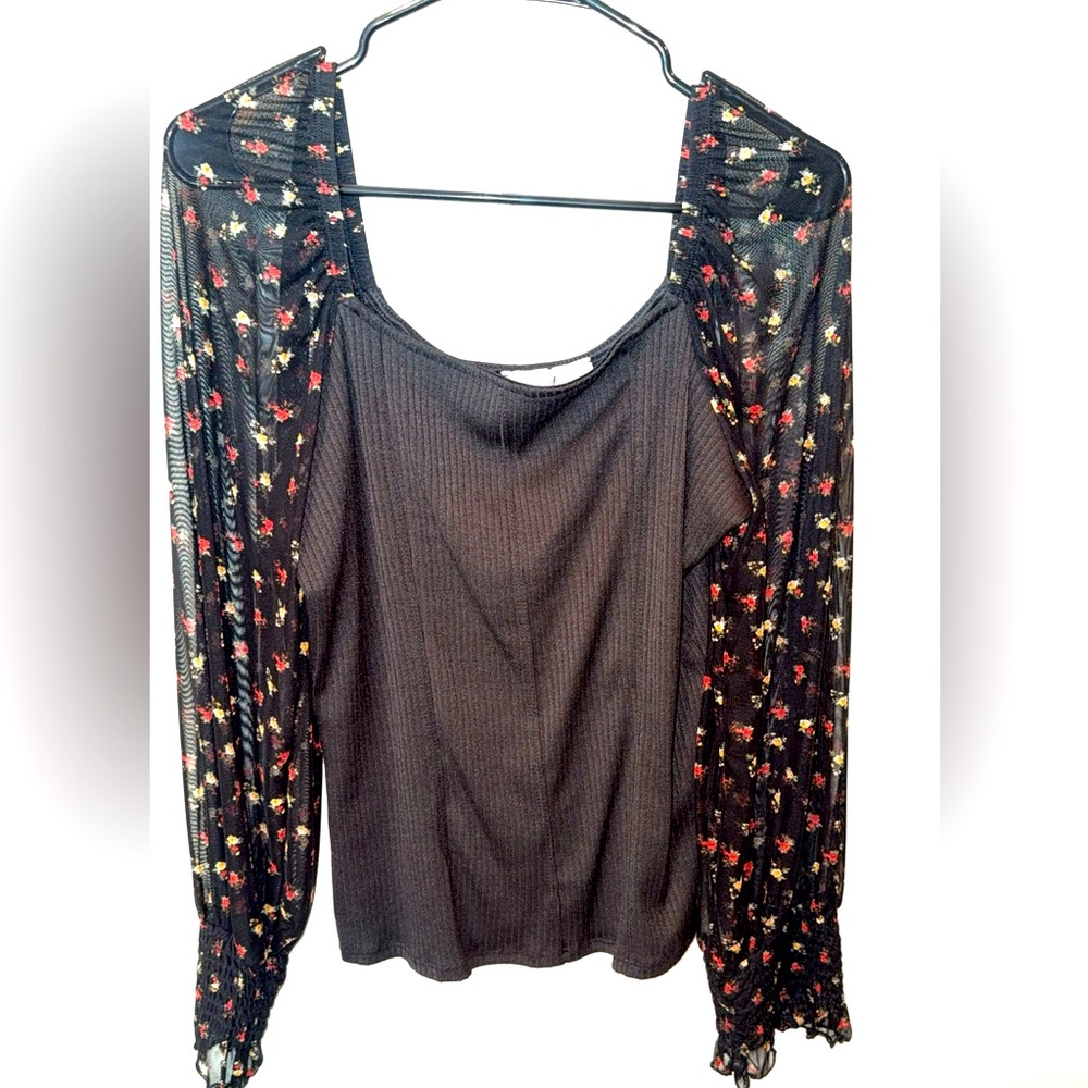 Floral Black Sheer Sleeve Top Willow-root Black Floral Sheer Blouse - XL, NWT